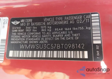 2011 Mini Cooper z USA, uszkodzony, nr VIN WMWSU3C57BT098142